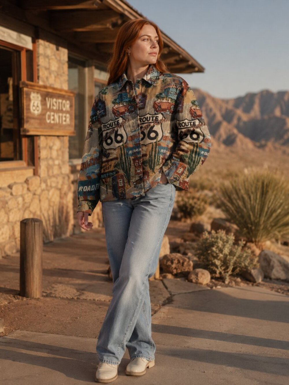Keren Hart Route 66 Tapestry Cotton Art-to-Wear Vintage Cars Cities Jacket L Mul